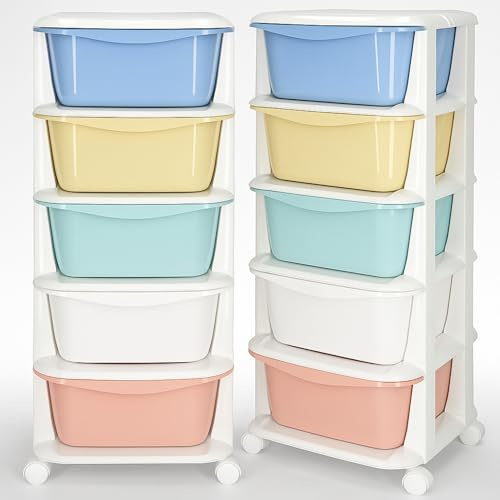 Mobiletto bambini con cassetti 5 scomparti bianco – Springos | Pratico carrello portaoggetti con cassetti colorati, ruote e bordi arrotondati per la cameretta dei bambini
