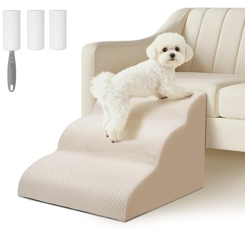 Ezvsevuo Escalier pour Chien à 3 Marches, Escalier pour Chiens Antidérapant et Imperméable, Rampe pour Chien Chat avec Housse en Tissu Amovible, Escaliers Doux pour Animaux, pour Canapé et Lit, Beige