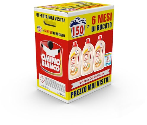 Omino Bianco - Detersivo Lavatrice Liquido, 150 Lavaggi, Rispetta Colori e Tessuti, Fresco Profumo con Essenza Cuore di Marsiglia, 2000 ml x 3 + Campione di Additivo Lavatrice Igienizzante Idrocaps
