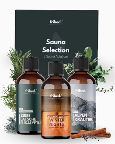 frihed. Sauna Infusion Selection Hut Magic - Highly Concentrated Herbs, Wood & Spice Sauna Oil - Gift Set for Sauna Lovers - 100 ml Glass Bottle - Made in Lüneburg
