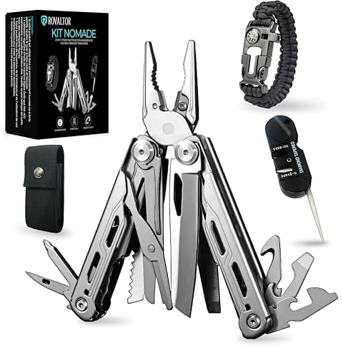 Pince multifonctions 17-en-1 avec couteau pliant, bracelet paracorde et pierre à aiguiser – Kit de survie utile pour homme – Coffret cadeau original pour la randonnée, camping, Noël ou fête des pères.