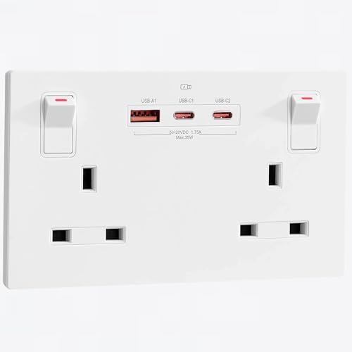 SURAIELEC Double Plug Socket with USB C, 2 Gang 13A Switched Wall Socket, 35W PD Fast Charge (2 USB-C + 1 USB-A),Child Safe, White, Fits 25mm Back Box