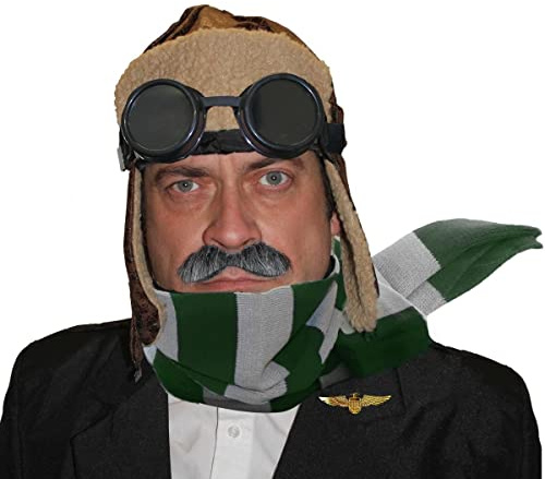 Adults VE Day 1940s Aviator Fancy Dress Set - Brown Aviator Hat Ww2 Pilot Fancy Dress Cap Distressed Leather Look Fancy Dress Accessory - Striped Scarf, Hat And Goggles (Green/Grey)