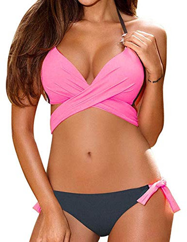 Bikinis y Braguitas para Mujer riou Push Up Sin Respaldo Playa Bohemio BañAdores con Relleno Traje de baño Cruzado de Gran tamaño Conjuntos de vikinis Color sólido Ropa De Baño riou