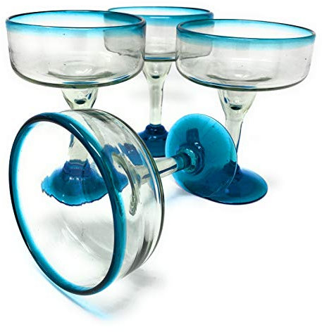 Mexikanisches mundgeblasenes Glas - 4er Set mundgeblasene Margarita-Gläser (16 oz) mit aquabblauen Rändern