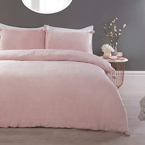 Sleepdown Pom Pink Fleece Warm Cosy Soft Easy Care Plain Flannel Duvet Cover Quilt Bedding Set with Pillowcases-Super King (260cm x 230cm)
