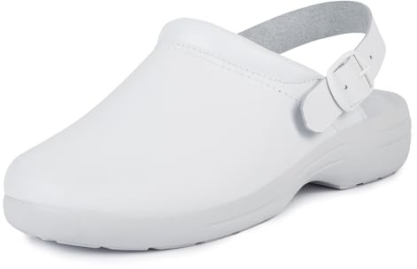 Jürgen Hirsch Zueco para Mujer Soft 04, Piel, Suela Antideslizante, Plantilla de Espuma Suave, Ideal para Profesionales de la Salud, Blanco, 40 EU
