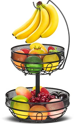 Mutool 2 Tier Fruit Basket with Banana Hanger, 2 Tier Fruit Rack with Bana Tree Keeps Fruits and Veg Fresh Countertop Detachable Metal Fruit Bowl ,Black (2 Tier Fruit Racks)
