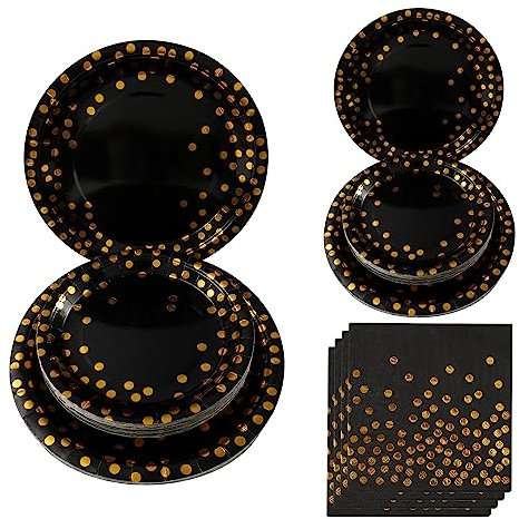 Hpnparty Happy Birthday Partygeschirr Set Schwarz Gold für 25 Gäste - Pappteller Aus 100% Papier