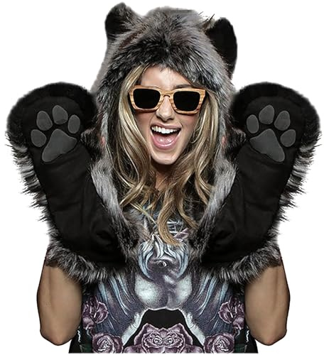 3 en 1 Hiver Fausse Fourrure Loup Gris Animal Chapeau à Capuche Echarpe avec Oreilles Empreintes de Pattes Moufles de Poche Gants