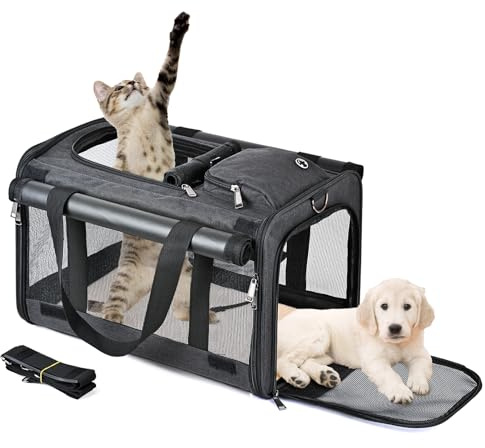 Sac Transport Chat Pliable Caisse de Transport pour Chat Petit Chien Respirant Sac de Transport pour Chaton avec Matelas Sac pour Animal de Compagnie avec Bandoulière Réglable (Noir)