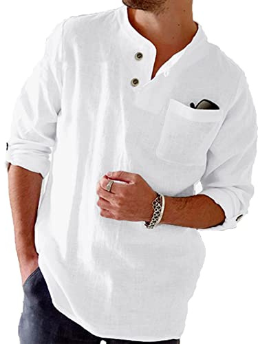 NANAMEEI Camisa de Lino para Hombre Mangas Largas Camisa Casual Cuello Mao Henley de Playa Verano, blanco, M