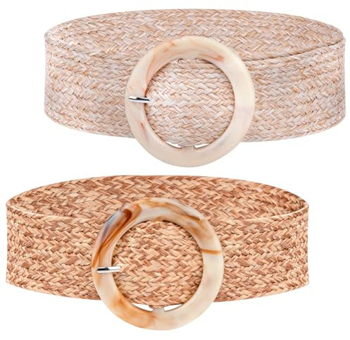 Tunejoy Damen Strohgürtel Braun Beige Taillengürtel Stroh Elastisch Schlank Kleid Breiter Geflochtene mit Schnalle Geschenke für Frauen Mädchen Dekorativen Jeans Pullover Strand 2 Stück
