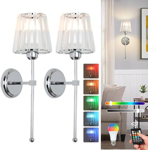 Stepeak Battery Operated Wall Lights Set of 2, Rechargeable Wall Lights Indoor with USB Charging Bulb & Remote, Glass Wireless Wall Light Sconce, Battery Operated Wall Sconces for Bedroom Living Room