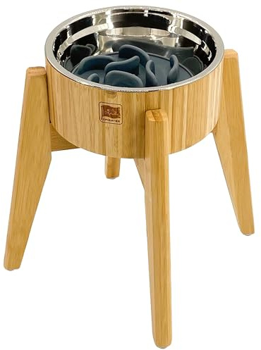 Elevated Slow Feeder Dog Bowls Large Breed - (12-inch-high) - Raised Bowl with Anti-Choking Insert - Stainless Metal and Bamboo