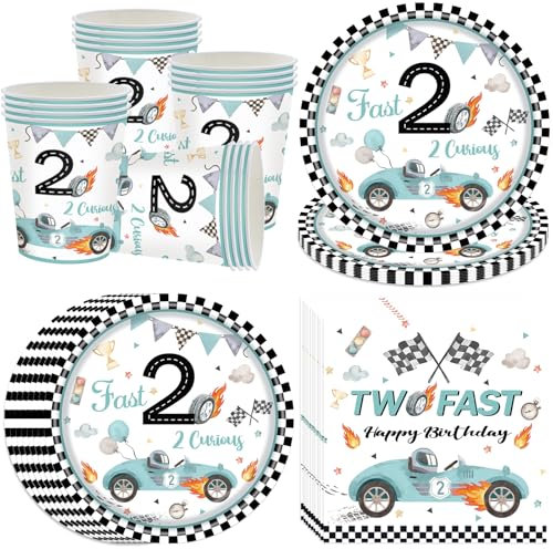 Bikasun Stoviglie per Feste Corsa 16 ospiti, Decorazioni per la festa del 2° compleanno di due auto da corsa veloci-Piatti per auto da corsa, per bambini, piatti, bicchieri di carta, tovaglioli