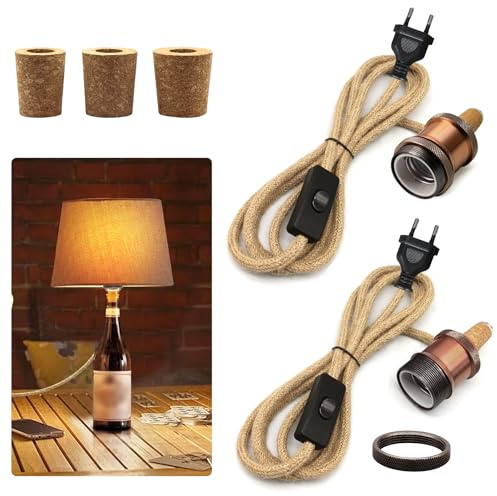 Kit Lampe à Bouteille, Lot de 2 Adaptateur de Bouteille avec 2.4 M Câble en Ficelle et Interrupteur, Douille E27 en Laiton, Support de Lampe en Céramique E26, Pieds de Lampes, 3 Tailles de Bouchons
