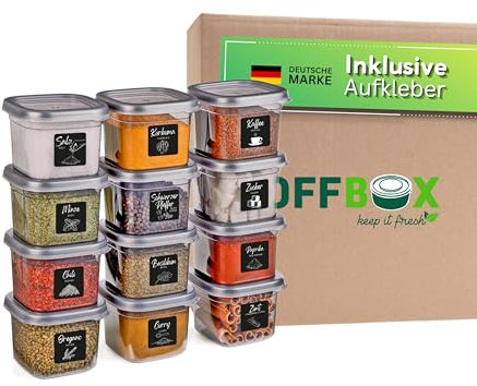 OFFBOX Vorratsdosen mit Deckel luftdicht | 12x 550ml Vorratsbehälter Set | BPA-frei | Aufbewahrungsbox Küche für Mehl, Müsli & Zucker | Stapelbar, platzsparend | Lebensmittelaufbewahrung