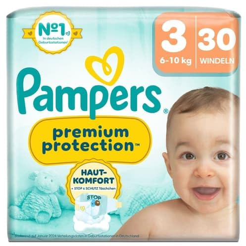 Pampers Premium Protection Größe 3, 30 Windeln, 6 kg-10 kg, doppelter Schutz für Haut und gegen Auslaufen