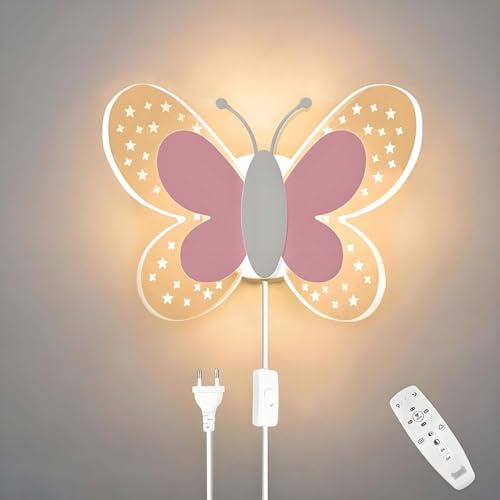 AoLa 12W LED-vägglampa med strömbrytare Dimbar fjärilsvägglampa Sänglampa för barn med kabel Nattlampa Modern vägglampa med fjärrkontroll Vägglampa för inomhusbruk för barnrum