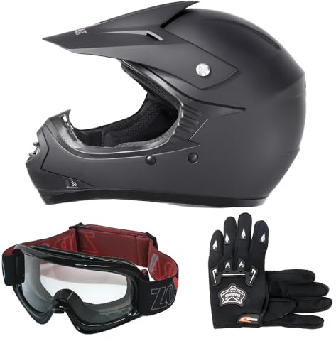Zorax ZOR-X15 Youth Motocross Helmet & Gloves & Goggles | Matt Black XL (55-56cm) - Gloves XL(8cm) Junior Dirt Bike Off Road Motorcycle Crash Helmet ECE 2206