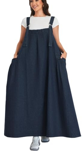 EXPOING Robe en Denim Large pour Femme, Longueur maximale, Bretelles réglables, Ourlet Large
