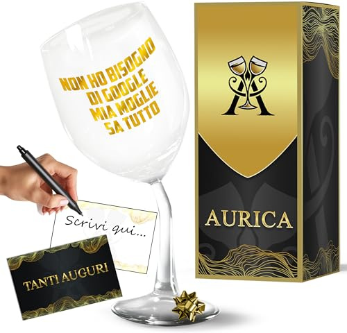 Aurìca Calice Vino Personalizzato NON HO BISOGNO DI GOOGLE MIA MOGLIE SA TUTTO – Regalo Simpatico Con Bicchiere Piegato Per Brindare Per Ai Mariti Ironici E Mogli Competenti! Con Confezione Regalo