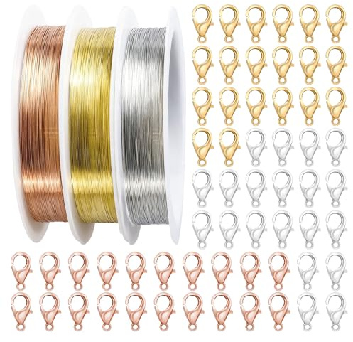 3PCS Jewellery Making Supplies, 0.3 Mm Tri-Colour Jewellery Wire, Copper Craft Wire with 60 Connectors for Jewelry Making Supplies and Crafting