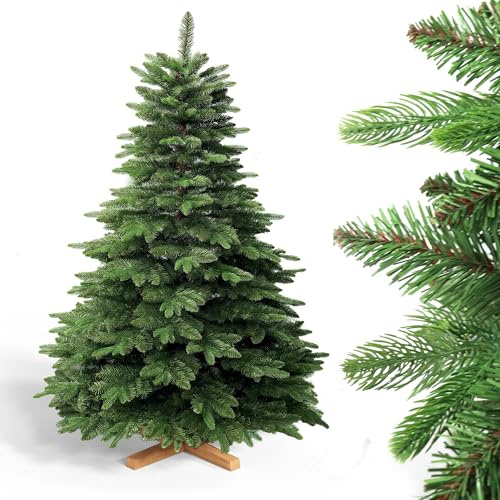 YOUDENOVA Sapin de Noël Artificiel 150 cm, Sapin Artificiel avec Support en Bois, Sapin nordmann Artificiel avec Tronc Brun et 670 Branches