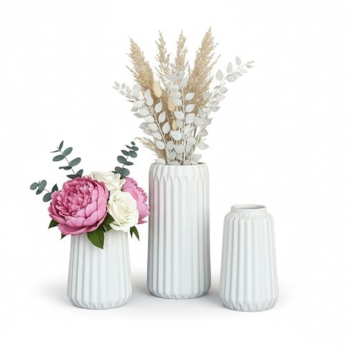 Relaxdays, Set med 3 blomvaser, 3 storlekar, för färska och torkade blommor, keramisk vas, vit dekor