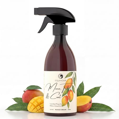 Spray para crines y cola para caballos, con aroma de mango, facilita el peinado y el desenredado, aporta un brillo sedoso, fórmula de cuidado repelente al polvo, 500 ml