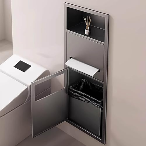 Stainless Steel Toilet Paper Trash Can Alcove, Recessed Wall Niche Shelves with Door, Inset Tissue Niche Cabinet for Bathroom Remodeling