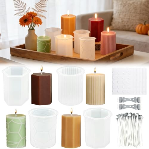 TZEKING 216PCS Moldes Siliconas Velas Set - 4 Moldes de Silicona para vela + 200 Mechas + 2 Soportes + 10 Pegatinas,para Hacer Velas,Decoración del Hogar,Manualidades