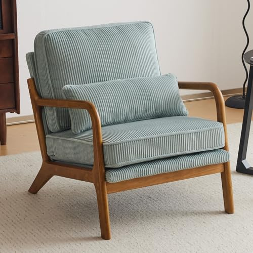 Bonnlo Sillón Butaca Individual de Salón, Estilo Nórdico Retro, Tapizado de Pana Acanalada Suave, Estructura de Madera Maciza, Cojín Incluido, 65×80×78 cm, Carga Máxima 150 kg (Turquesa)