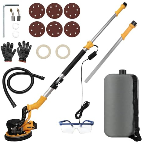 Ponceuse Girafe avec Système d'aspiration Automatique,1390W Professional Ponceuse Plaquiste,Ponceuse Mur et Plafond,5 Vitesses(800-1800rpm),Ponceuse Murale Électrique Pliable, avec Lumière LED (Jaune)