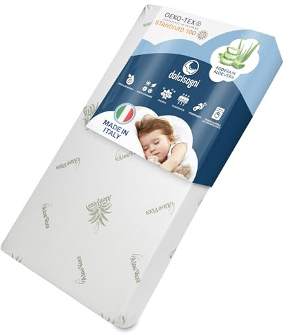 DOLCI SOGNI Materasso Lettino 64x124 cm Spessore 16 cm, OEKO-TEX® e CertiPUR™ Materasso Culla Bambino per Lettino Neonati, Fodera in Aloe Vera Sfoderabile e Lavabile, Materasso Lettino Neonato