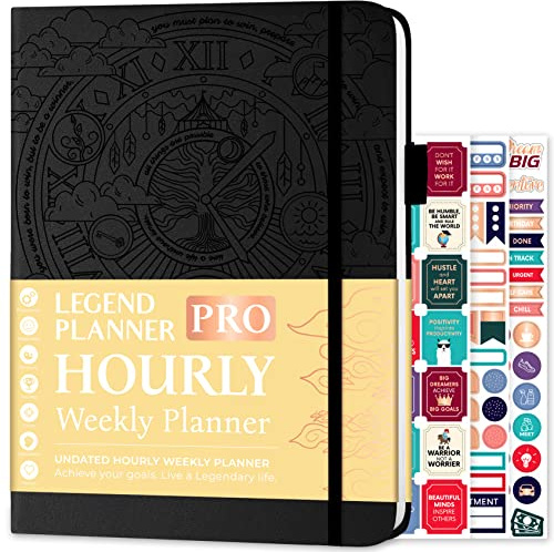 Legend Planner PRO Hourly Schedule, Weekly Daily Time Slots A4 Black | 21x29cm Undated, Hardcover, Stickers, Monthly calendars, To-do list, Habit tracker, Professional work schedule organizer