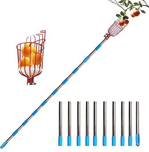 Recogedor de fruta Palo Para Recoger Frutas con 4M Poste de extensión Recogefrutas Pinzas extensibles para jardinería con Cesta picadora de Frutas con Barra telescópica de Aluminio Ligero Y bolsa
