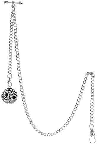 TREEWETO Pocket Watch Chain with T Bar End Albert T-Bar Pocket Watch Chain with Antique Tree of Life Pendant and 2 Hooks for Vest Buttonhole Silver