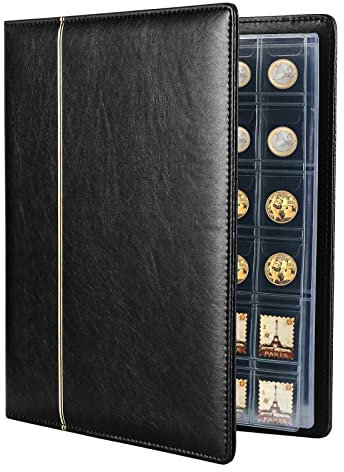 TsunNee Coin Collection Album 150 Pockets, Leather Cover Coin Collection Holder Book, Coin Storage Album with 24 Pockets Bill Commemorative Money Penny Holders for Collectors, Black