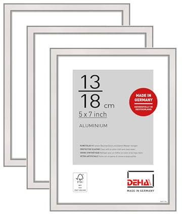 DEHA Design cadre photo, 13 x 18 cm (set de 3), aluminium, Argent brillant, cadre photopour poserau format paysage et portrait, verre synthétique, Boston