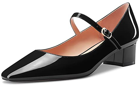 Aachcol Mujer Pumps Mary Jane Cuadrada Punta Correa Tobillo Chunky Ancho Bajos Heel Dress Zapatos Fiesta de Boda Charol Negro 3.5 CM 42 EU