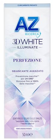 AZ Ricerca DENTIFRICIO 3D White Illuminate Perfezione, SBIANCANTE AVANZATO, RIMUOVE Fino al 100% delle MACCHIE Superficiali, Confezione SINGOLA da 50ml, Gusto MENTA FREDDA PIPERITA