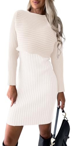 Robe courte en tricot pour femme - Couleur unie - Rayée - 2 pièces - Bretelles - Élégante robe en tricot - Tunique à manches longues - Robe pull sexy - Mode - Robe d'hiver pour femme - Belle robe