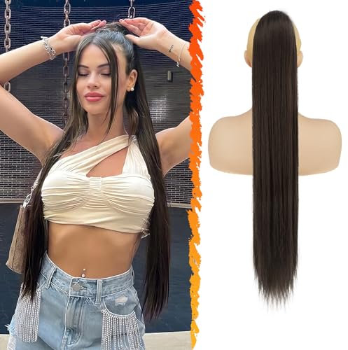 BARSDAR Coda di Cavallo Extension - 76cm Lunga Lisci Capelli Extension Con Coulisse Sintetici Clip in Posticci per Donne - Marrone Scuro