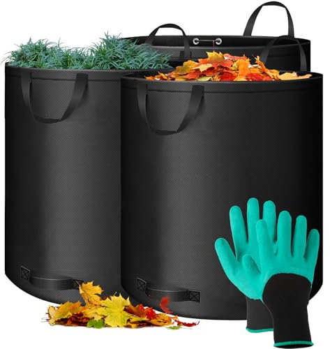 Gartensack 3x 272L Set Laubsack,Gartenmüllsack inkl. Handschuhe, Gartenabfallsack Stabil mit Griffe, Faltbar -Laubsäcke Rasenschnitt für Gartenabfälle Grünschnittsack Schwarz