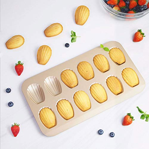 SagaSave Nonstick Madeleine Pan 1 Pack 12-Cavity Carbon Steel Madeleine Cookies Trays for Oven Baking, Warp Resistant Shell Shape Madeleine Mold Cake Pan,Gold