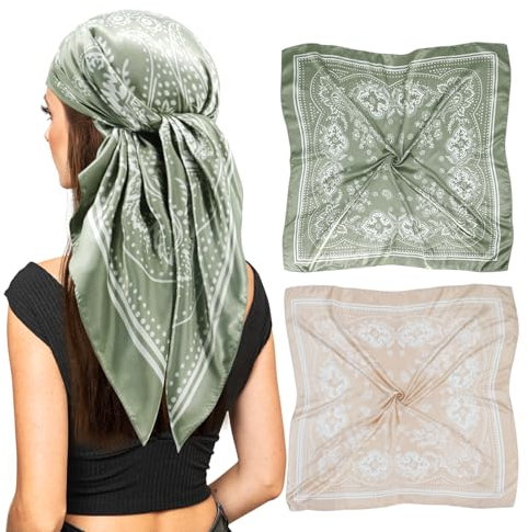 vimate Seidentuch Haare-Damen Grün Kamel Paisley Satin Schal Strand Kopftuch Hals Schals Leichtgewicht Handtasche Zubehör (2 Pack-D)
