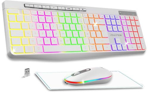 AD Advance - R Type, Ensemble Clavier Souris sans Fil Silencieux + Tapis Antidérapant, Rétroéclairé RGB, Souris LED Optique 1600 DPI, Kit Bureautique Rechargeable, pour PC, Mac & Ordinateur Portable