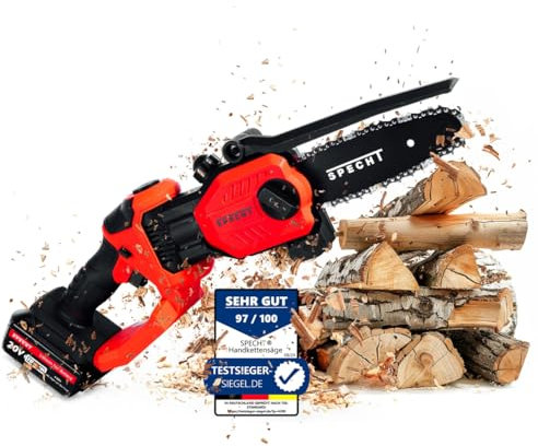 SPECHT Neuheit 2024 Mini Kettensäge mit Akku [6 Zoll schwenkbarer Säge-Kopf für gerade Schnitte] 4000mAh Akku Kettensäge elektrisch für Gartenarbeit Handkettensäge Astsäge